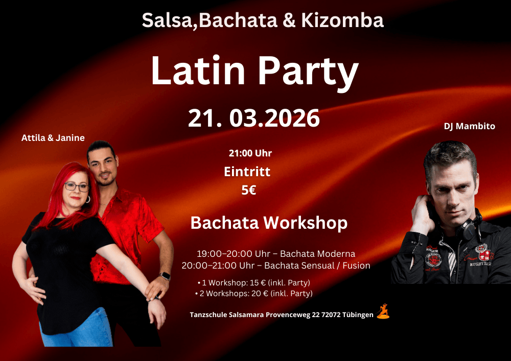 Flyer für die Salsa, Bachata und Kizomba Party in Tübingen, jeweils am 1. und 3. Samstag im Monat, Beginn 21:00 Uhr, Eintritt 5€