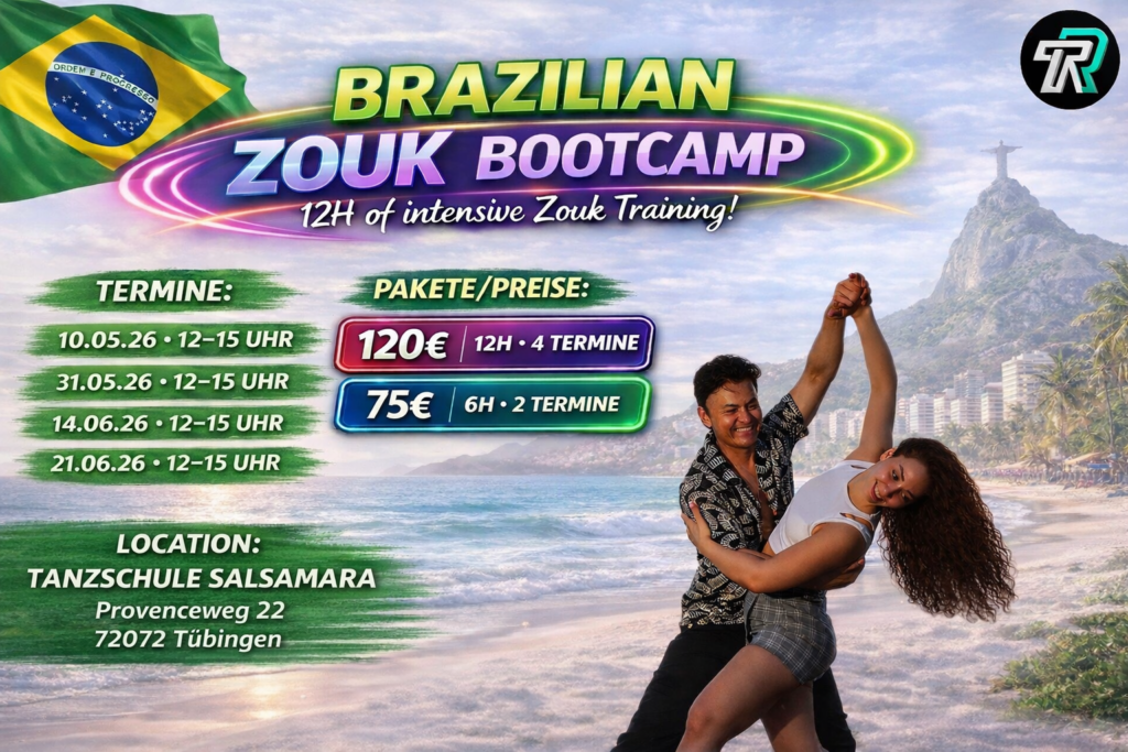 Brazilian Zouk Tanzpaar beim fließenden Tanzen in Tübingen Zouk Anfänger lernen Grundschritte im Tanzkurs